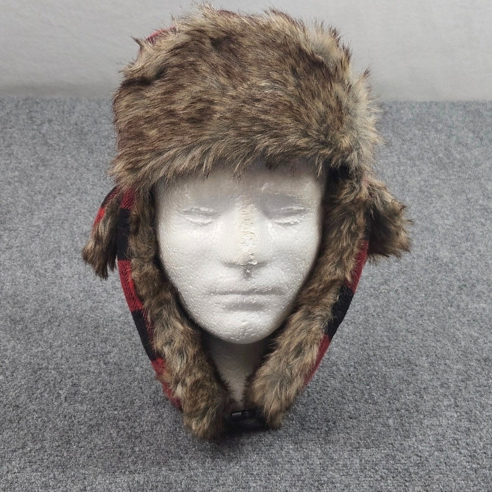 Buffalo Plaid Trapper Hat Red Black Faux Fur Winter Aviator Cabin Lumberjack